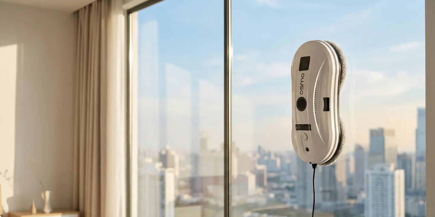 Sherumclean Fensterreinigungsroboter reinigt ein Hochhausfenster